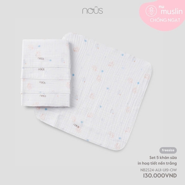 Nous Set 5 khăn sữa in hoạ tiết nền trắng