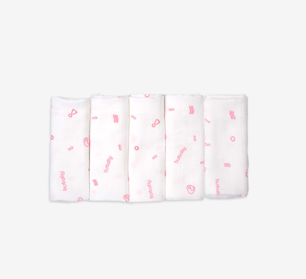 AMU100004.FREB11 - Set 5 khăn sữa Bu Baby Muslin - Trắng in Bubaby hồng cam
