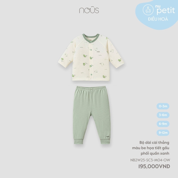 Nous Bộ dài cài thẳng màu be họa tiết gấu phối quần xanh 0,3M