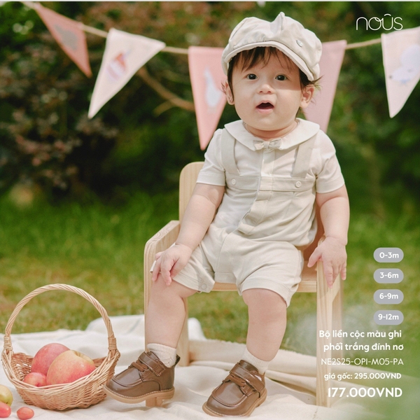 Nous Bộ liền cộc màu ghi phối trắng đính nơ 0,3,6,9 M