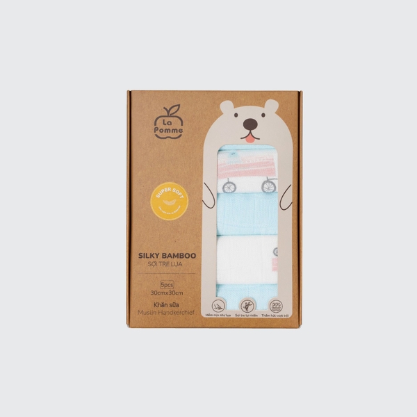 K001 Set 5 Khăn sữa sợi tre lụa La Pomme phối màu (30x30cm) Xanh (thỏ kéo xe)