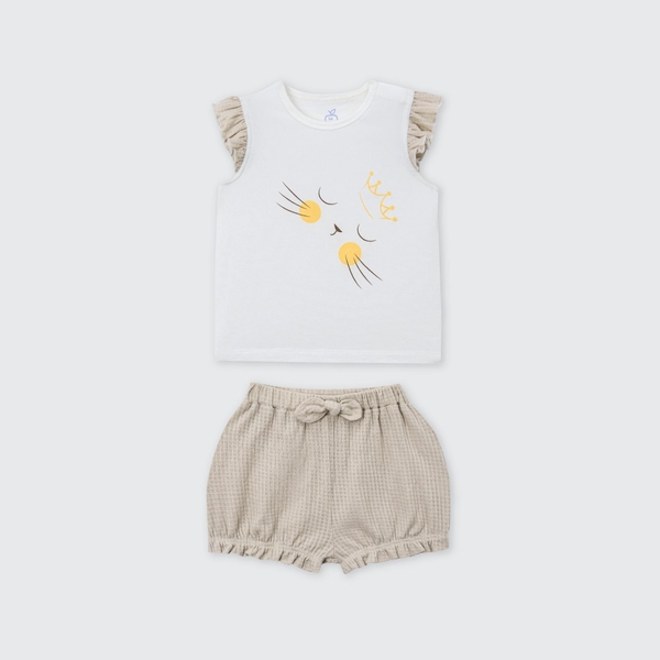 Bộ sát nách La Pomme mèo vương miện - 3,6,9,12,18M Trắng