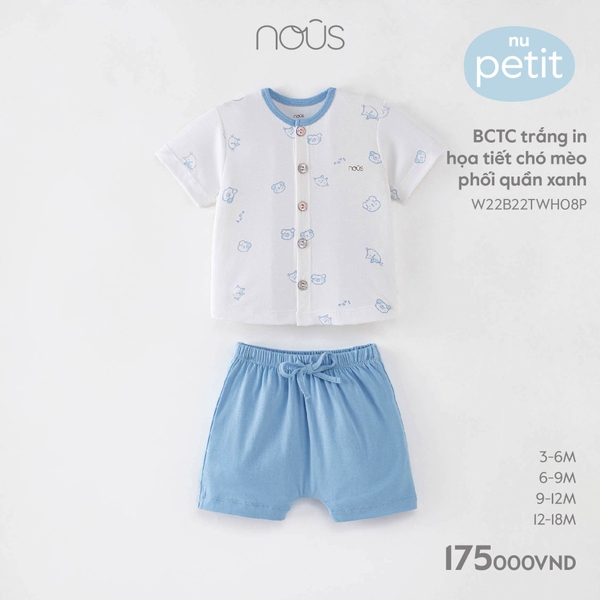 BCTC trắng in họa tiết chó mèo phối quần xanh (3M, 6M, 9M, 12M)