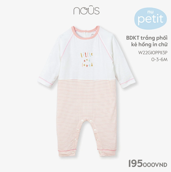 Body dài BDKT Nous trắng phối kẻ hồng in chữ 0M, 3M, 6M