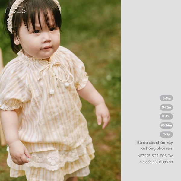 Nous Bộ áo cộc chân váy kẻ hồng phối ren 6,9,12,18M,2Y