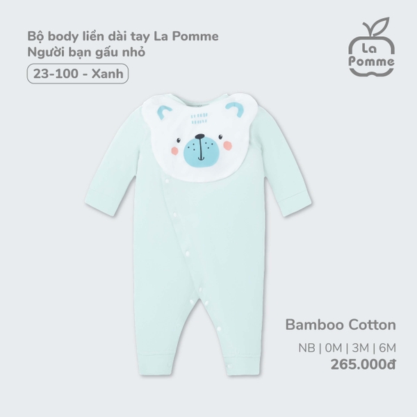Bộ body liền dài tay La Pomme Người bạn gấu nhỏ - Newborn, 0,3,6M Xanh