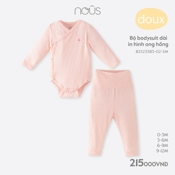 Bộ bodysuit Nous dài in hình ong hồng (0M, 3M, 6M, 9M)