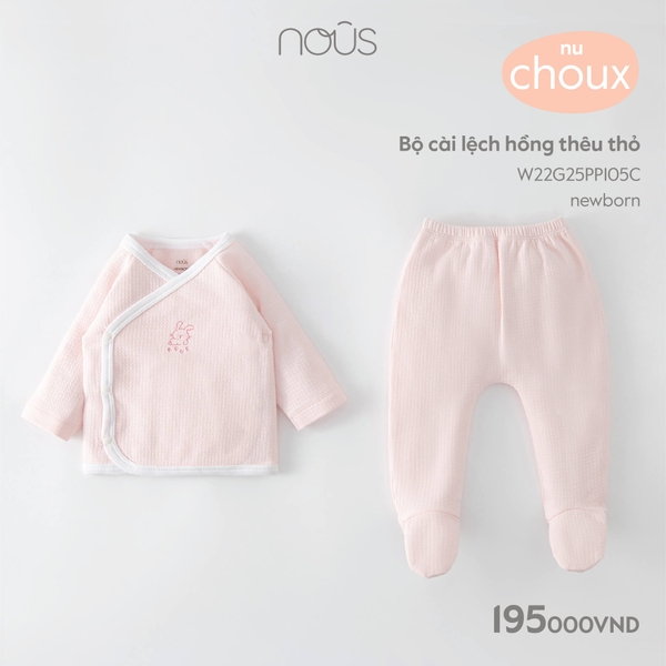 Bộ Nous cài lệch hồng thêu thỏ Newborn