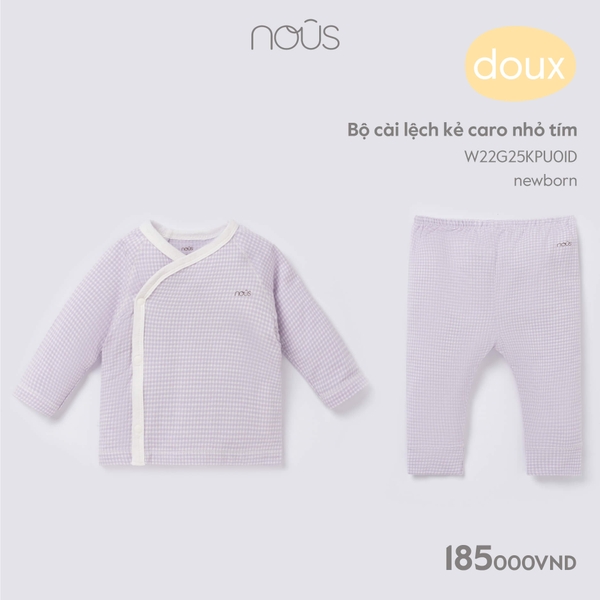 Bộ Nous cài lệch kẻ caro nhỏ tím Newborn