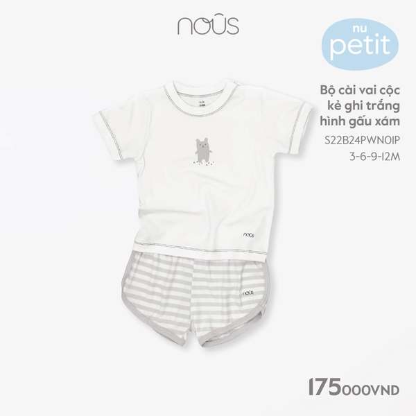 Bộ Nous cài vai cộc kẻ ghi trắng hình gấu xám 3M, 6M, 9M, 12M