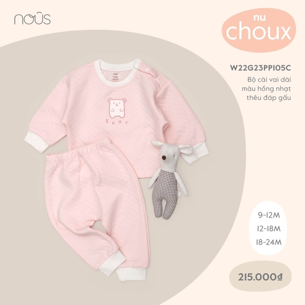 Bộ Nous cài vai dài màu hồng nhạt thêu đáp gấu (9M-18M)