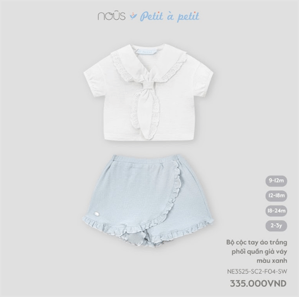 Nous Bộ cộc tay áo trắng phối quần giả váy màu xanh 9,12,18M,2Y