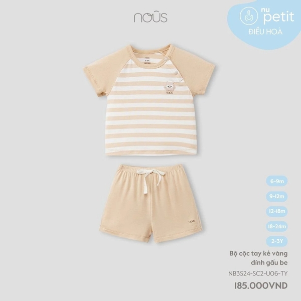 Nous - Bộ cộc tay kẻ vàng đính gấu be 6M, 9M, 12M
