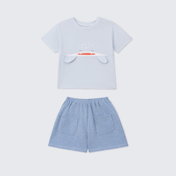 Bộ cộc tay La Pomme baby shark - 12,18M,3,4,5Y Xanh