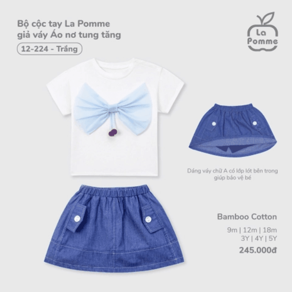 Bộ cộc tay La Pomme giả váy Áo nơ tung tăng - 6,9,12,18M,3Y Trắng