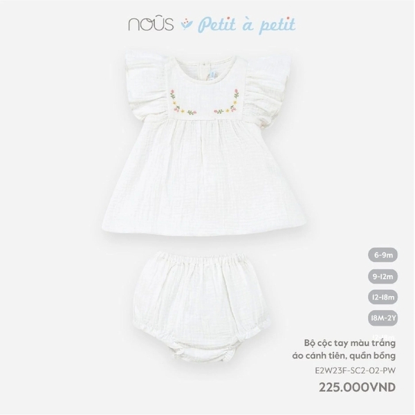Nous - Bộ cộc tay màu trắng áo cánh tiên, quần bồng (6M-18M)