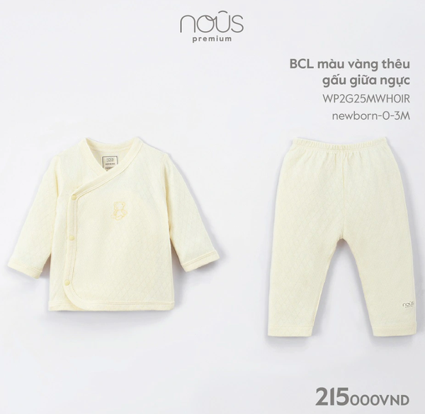 Bộ dài tay cài lệch Nous màu vàng thêu gấu giữa ngực NB, 0M, 3M