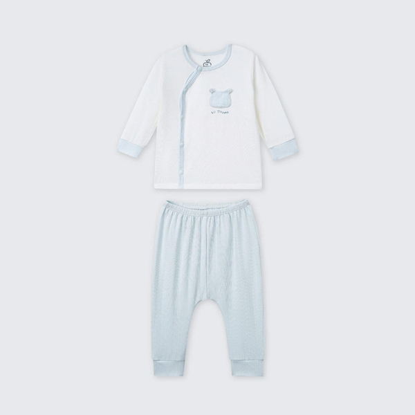 Bộ dài tay cúc lệch La Pomme Gấu con ngộ nghĩnh - Newborn,0,3M Xanh