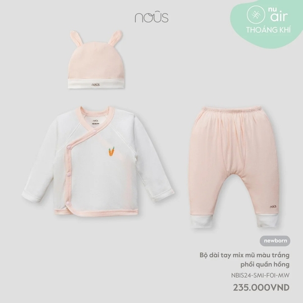 Nous - Bộ dài tay mix mũ màu trắng phồi quần hồng NB