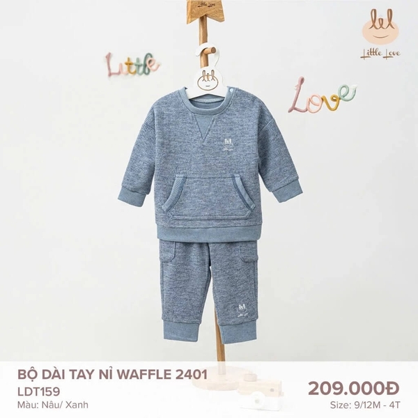 Little Love BỘ DÀI TAY NỈ WAFFLE 2401 XANH 9,12,18-24M