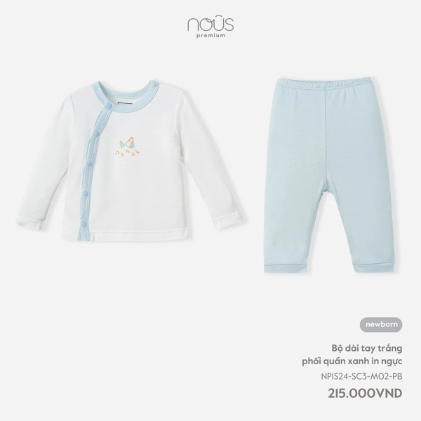 Nous - Bộ dài tay trắng phối quần xanh in ngực NB