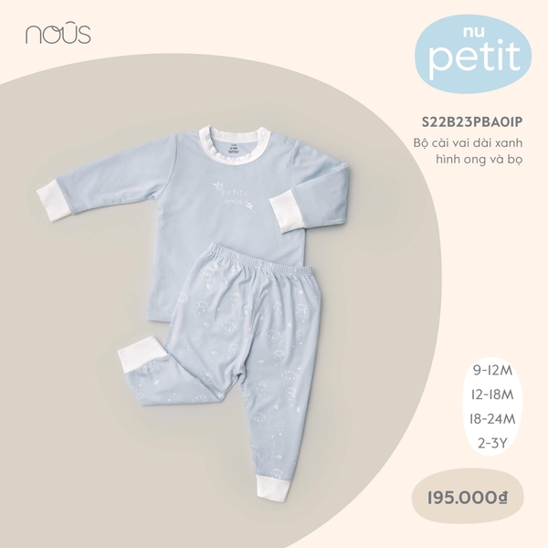 Bộ Nous cài vai dài xanh hình ong và bọ (9M, 12M, 18M, 2Y)