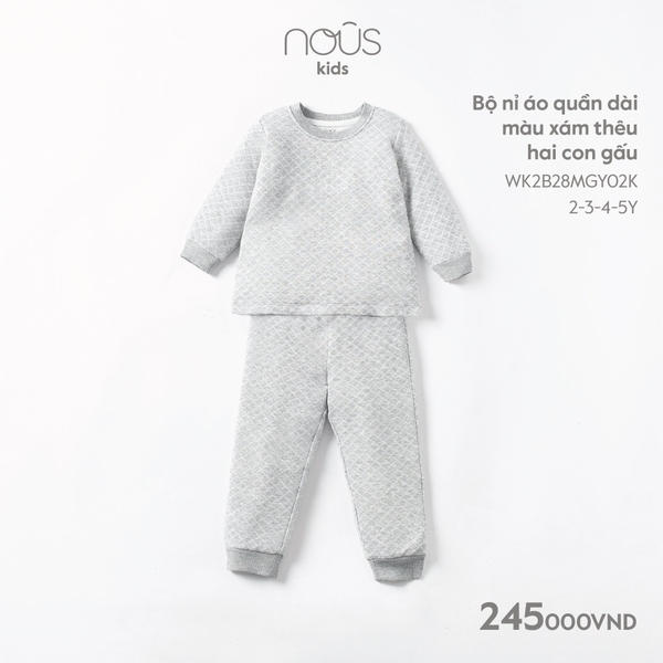 Bộ Nous nỉ áo quần dài màu xám thêu hai con gấu từ 2-5 tuổi
