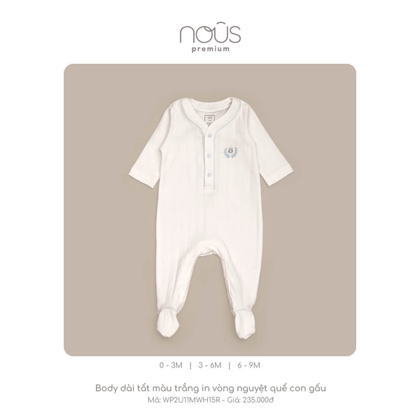 Body Nous dài tất màu trắng in vòng nguyệt quế con gấu (NB - 6M)