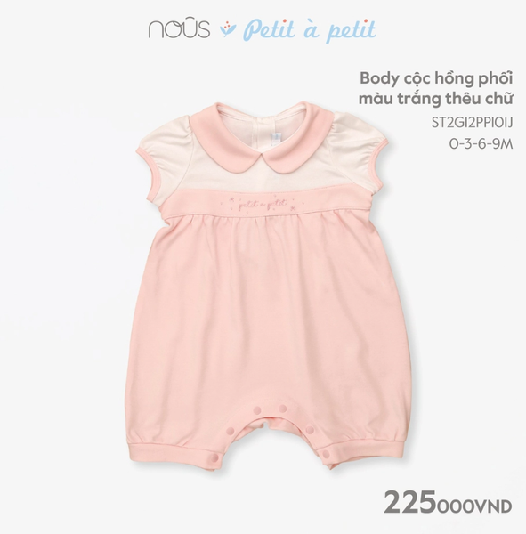 Body Nous cộc hồng phối màu trắng thêu chữ 0M, 3M, 6M, 9M, 12M