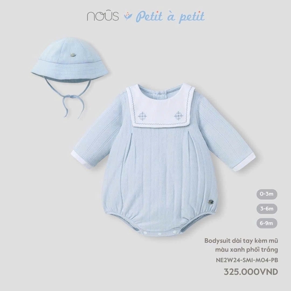 Nous - Bodysuit dài tay kèm mũ màu xanh phối trắng 0,3,6M