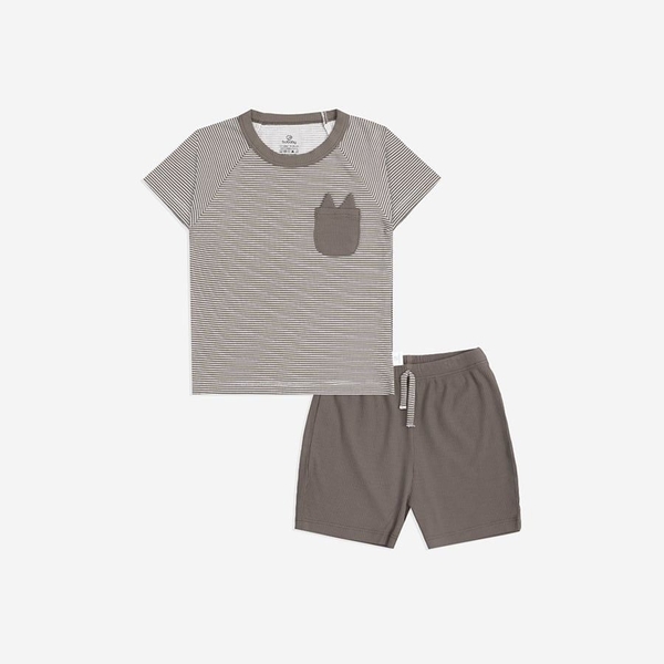 Bu Baby BSR1304TN.18MH16 | Bộ ngắn tay cổ tròn Túi ngực Siro | (12-18M, 18-24M) (Kẻ nâu - nâu)