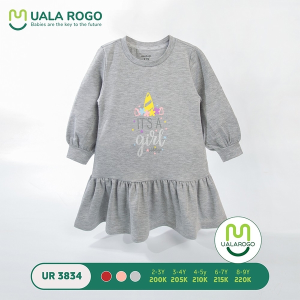 UalaRogo - Váy bé gái bo cổ in hình ghi 3-4Y