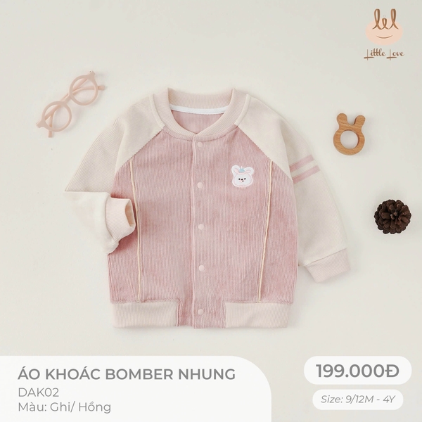 Little Love áo khoác bomber nhung hồng thêu thỏ (3Y,18-24M,12-18M)