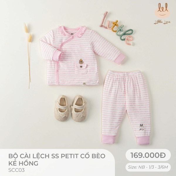 Little Love Bộ Cài Lệch Sơ Sinh Petit Cổ Bèo Kẻ Hồng (3-6M,1-3M,Newborn)