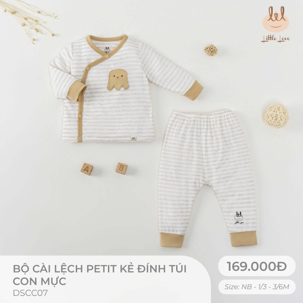 Little Love Bộ Cài Lệch Petit Kẻ Đính Túi Con Mực Be (3-6M,1-3M,Newborn)