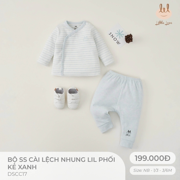 Little Love bộ ss cài lệch nhung lil phối kẻ xanh (3-6M,1-3M,Newborn)