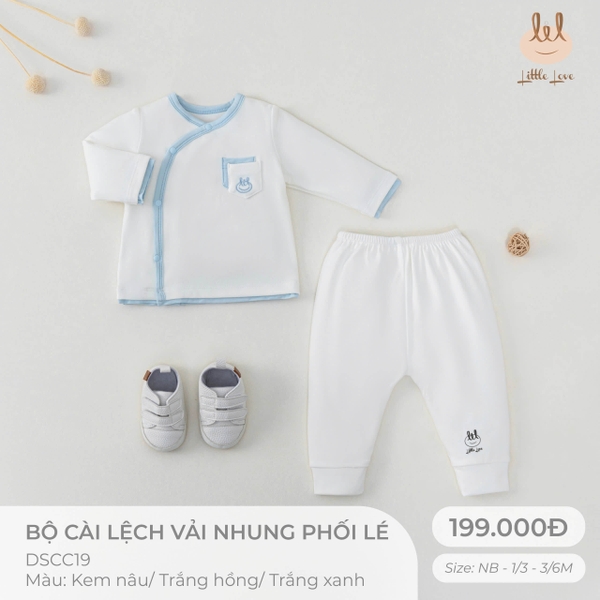 Little Love bộ cài lệch vải nhung phối lé trắng xanh (3-6M,1-3M,Newborn)