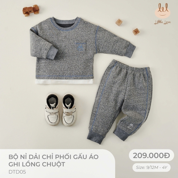 Little Love bộ nỉ dải chỉ phối gấu áo ghi lồng chuột (4Y,3Y,18-24M,12-18M,9-12M)