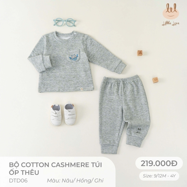 Little Love bộ cotton cashmere túi ốp ghi thêu ong (4Y,3Y,18-24M,12-18M,9-12M)