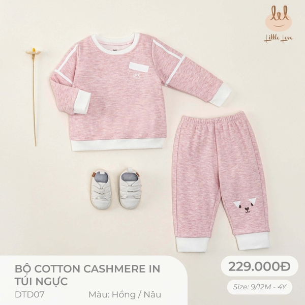 Little Love bộ cotton cashmere in túi ngực hồng (4Y,3Y,18-24M,12-18M,9-12M)
