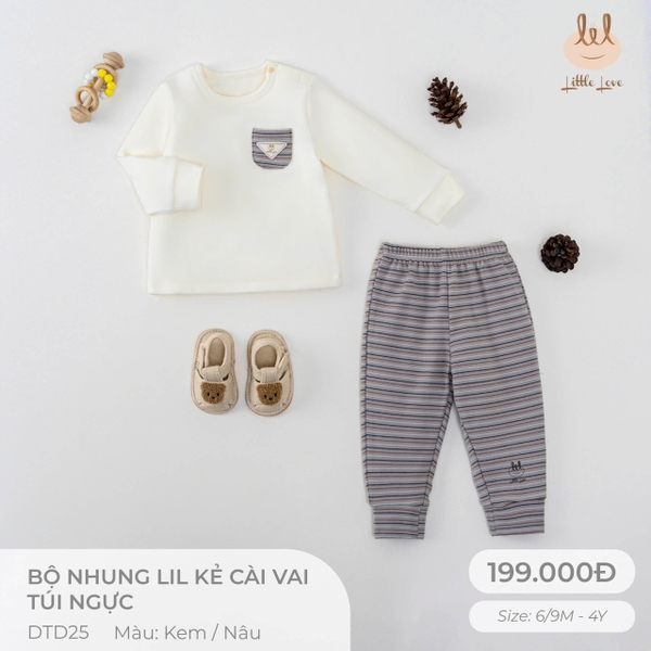 Little Love bộ nhung lil kẻ cài vai túi ngực kem (3Y,18-24M,12-18M,9-12M,6-9M)