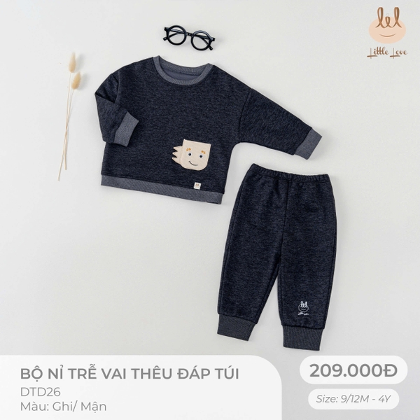 Little Love bộ nỉ trễ vai thêu đáp túi ghi (4Y,3Y,18-24M,12-18M,9-12M)