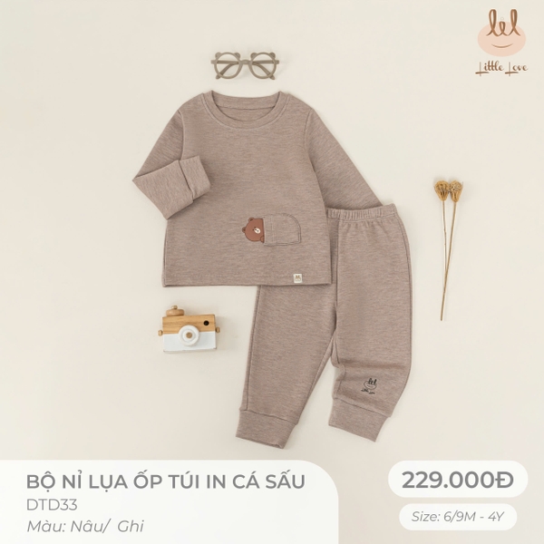 Bộ Nỉ Lụa Ốp Túi Nâu In Gấu (4Y,3Y,18-24M,12-18M,9-12M,6-9M)
