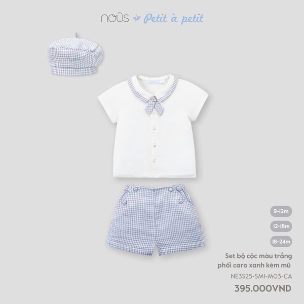Nous Set bộ cộc màu trắng phối caro xanh kèm mũ 9,12,18M