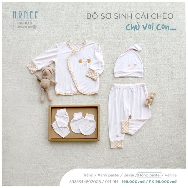 Hrnee Bộ Sơ Sinh Cài Chéo Chú Voi Hồng pastel 3,6M