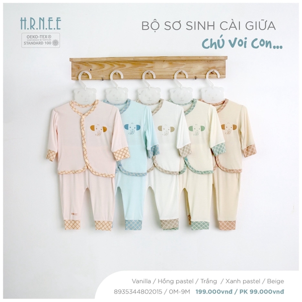 Hrnee Bộ Sơ Sinh Cài Giữa Chú Voi Con Trắng sứ 3,6M