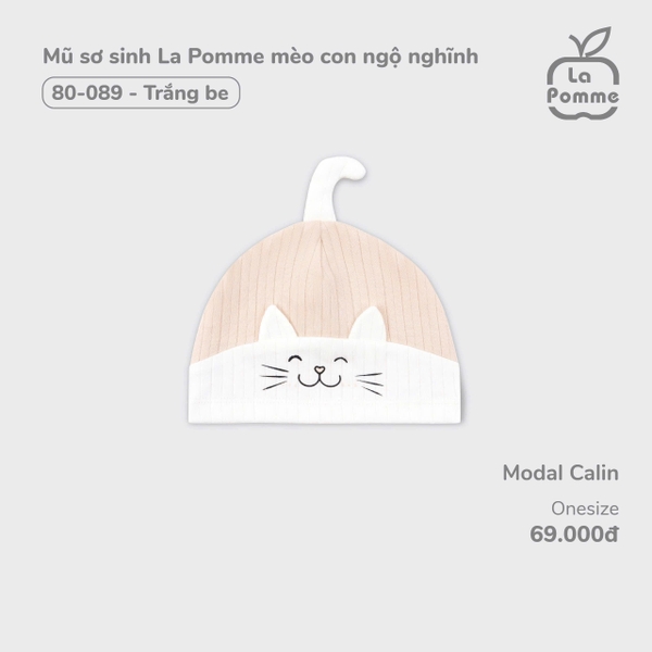 Mũ sơ sinh La Pomme mèo con nghộ nghĩnh - Trắng be