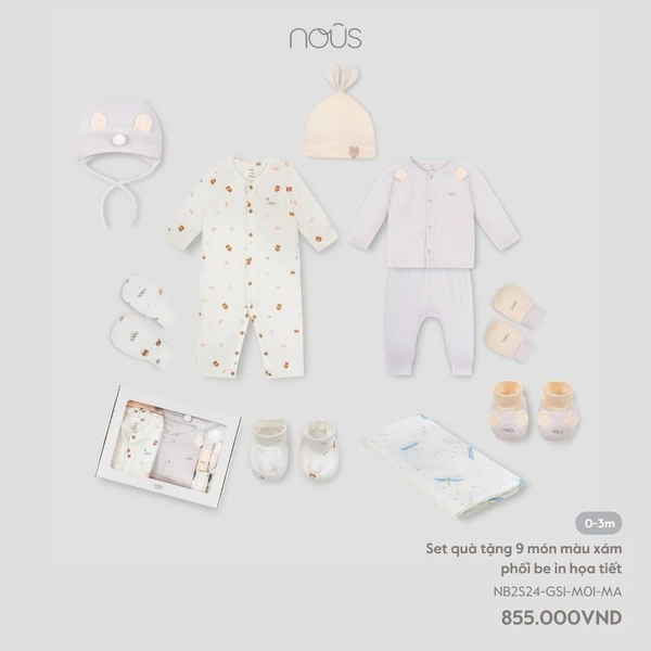 Nous - Set quà tặng 9 món màu xám phối be in họa tiết 0M