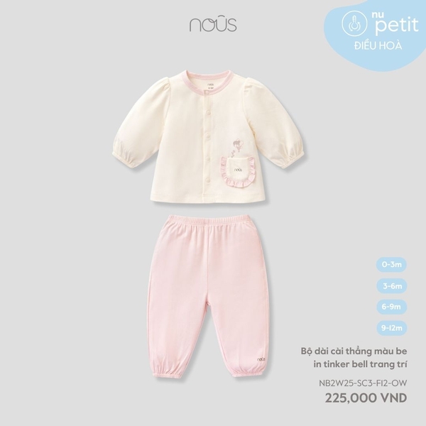 Nous Bộ dài cài thẳng màu be in tinker bell trang trí 0,3,6,9,12,18M,2Y