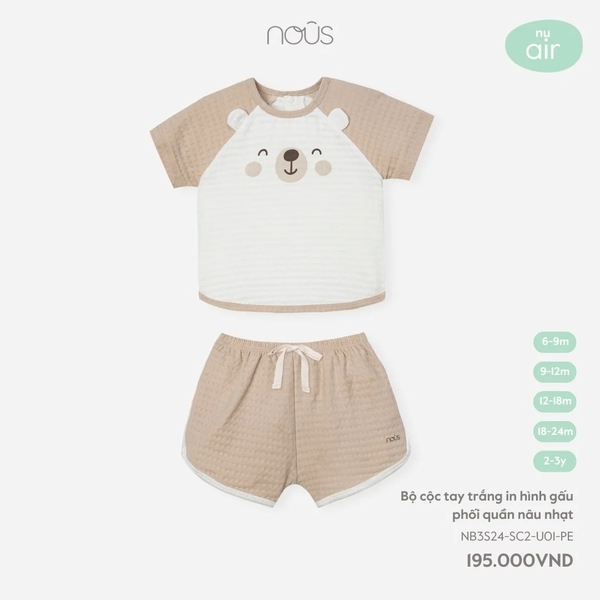 Nous - Bộ cộc tay trắng in hình gấu phối quần nâu nhạt 6M, 9M, 12M, 18M